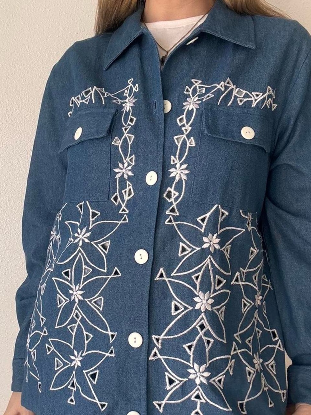 Embroidered Blue Button-Up Shirt Jacket